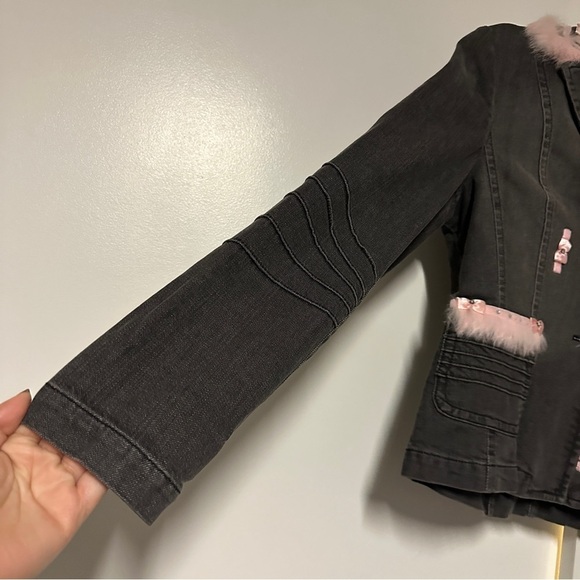 Apriori By Escada Denim fur stim Y2K pink bows Jacket Size 6 - Picture 4 of 7